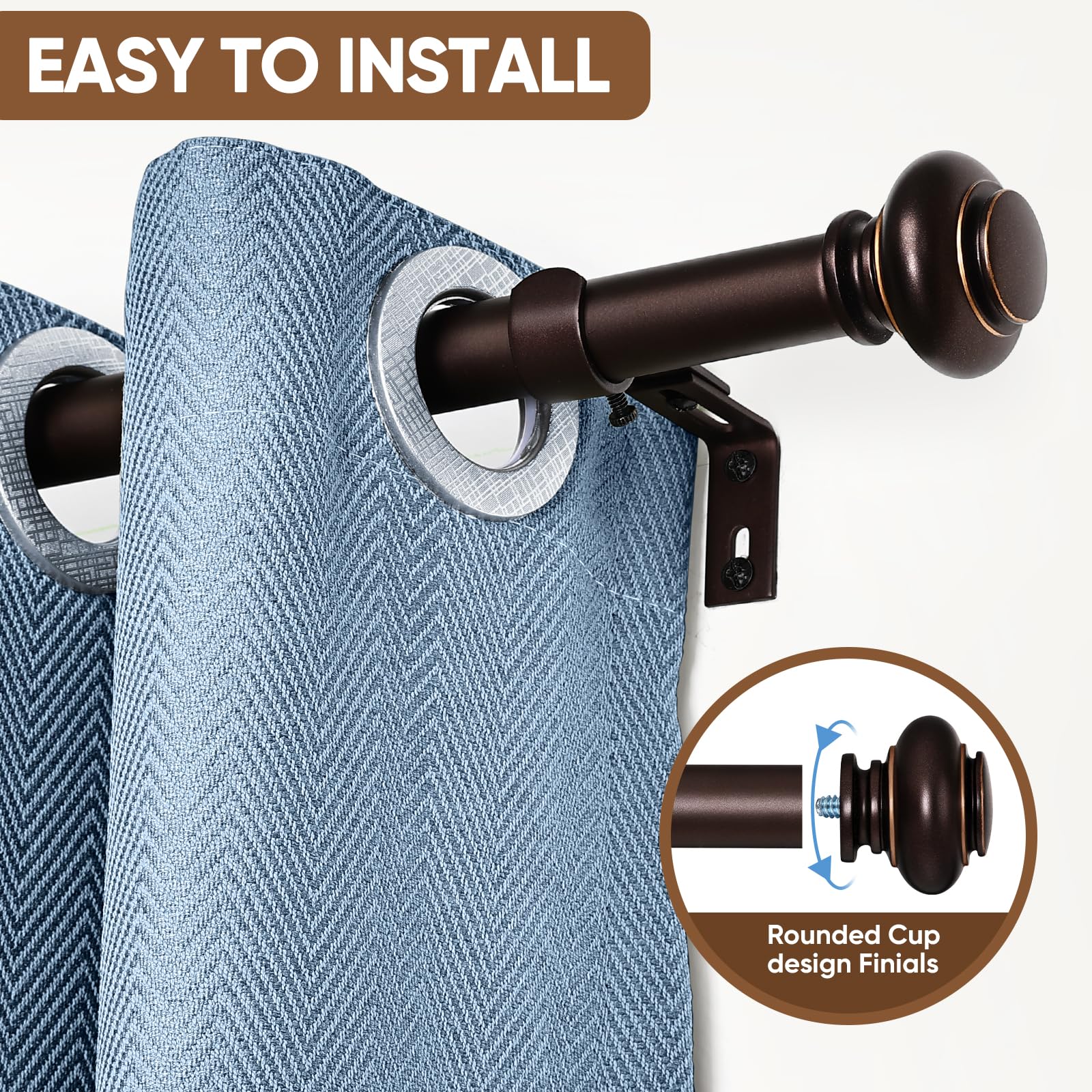 SIMEWIN adjustable bronze curtain rod close-up shows smooth finish and sturdy 1-inch diameter.