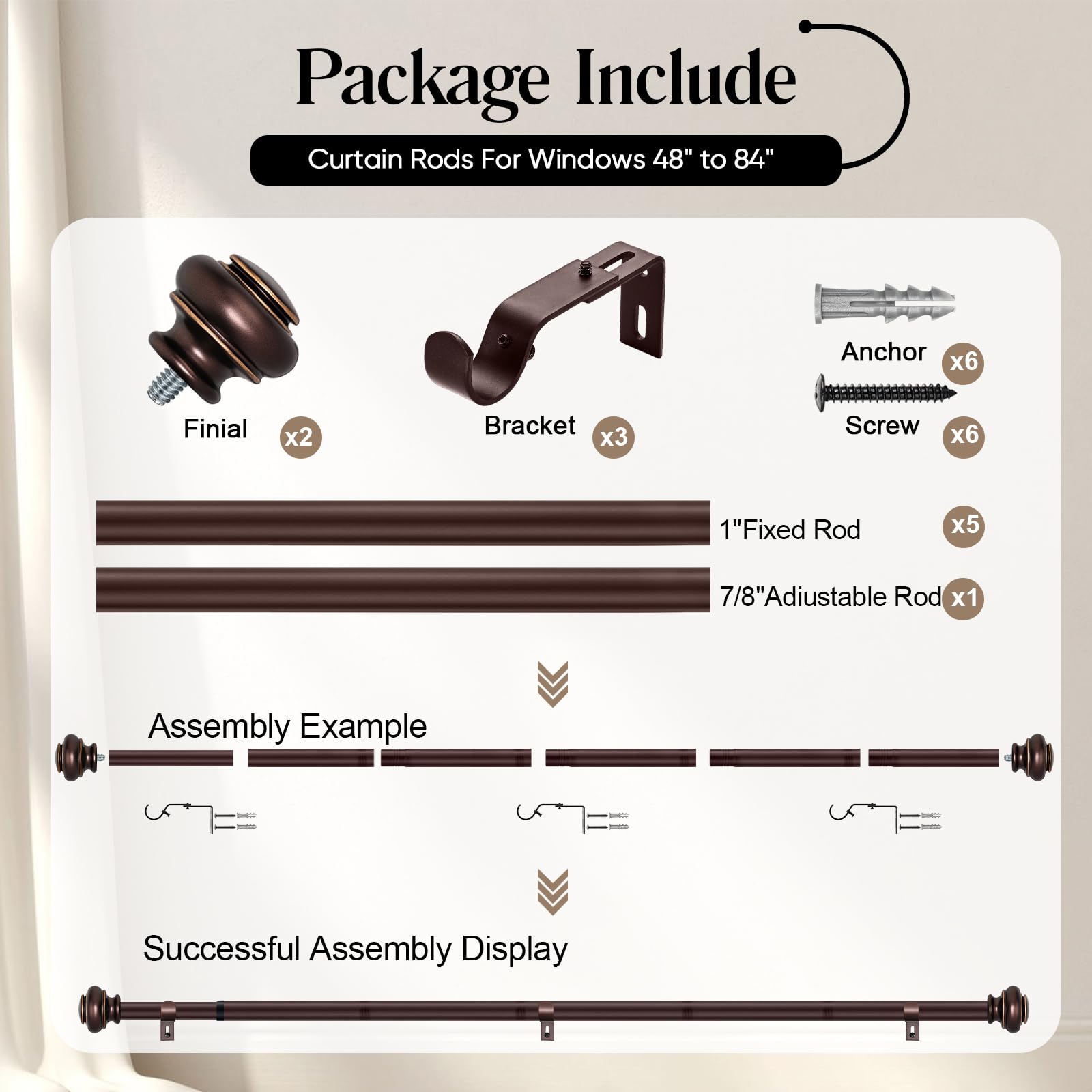 SIMEWIN bronze curtain rods suit bedrooms, living rooms, kitchens, and patios