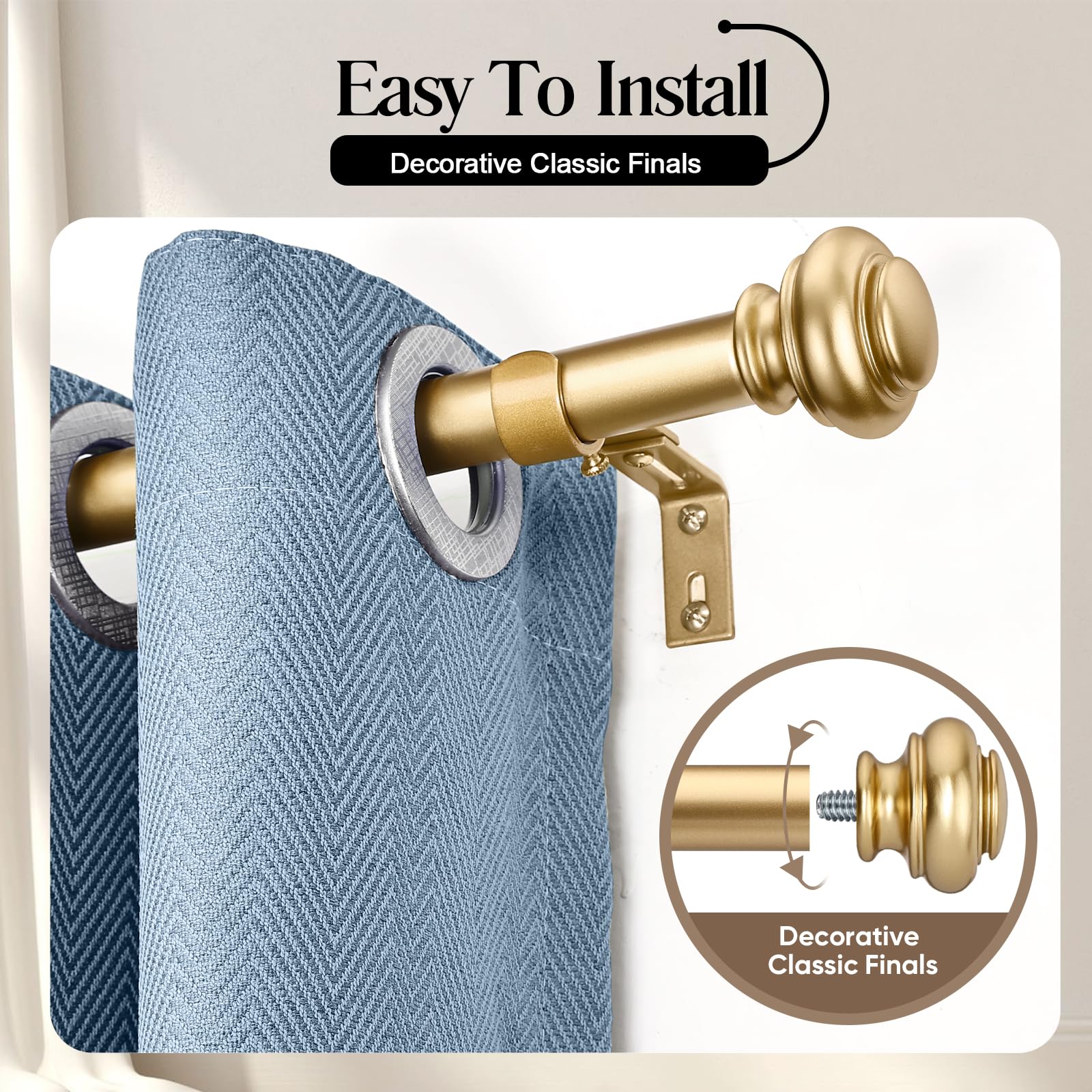 SIMEWIN gold curtain rod finials add classic elegance to room décor.