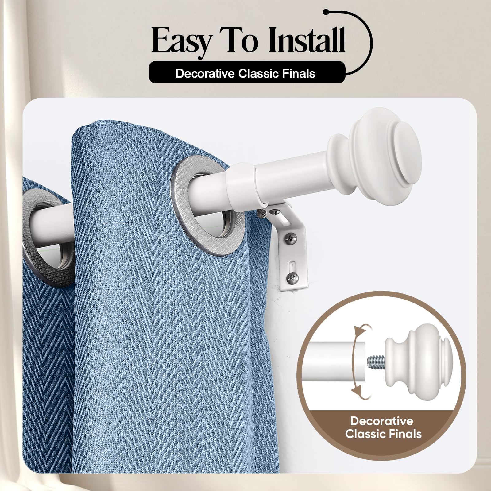 SIMEWIN classic finials on white curtain rod for timeless decor