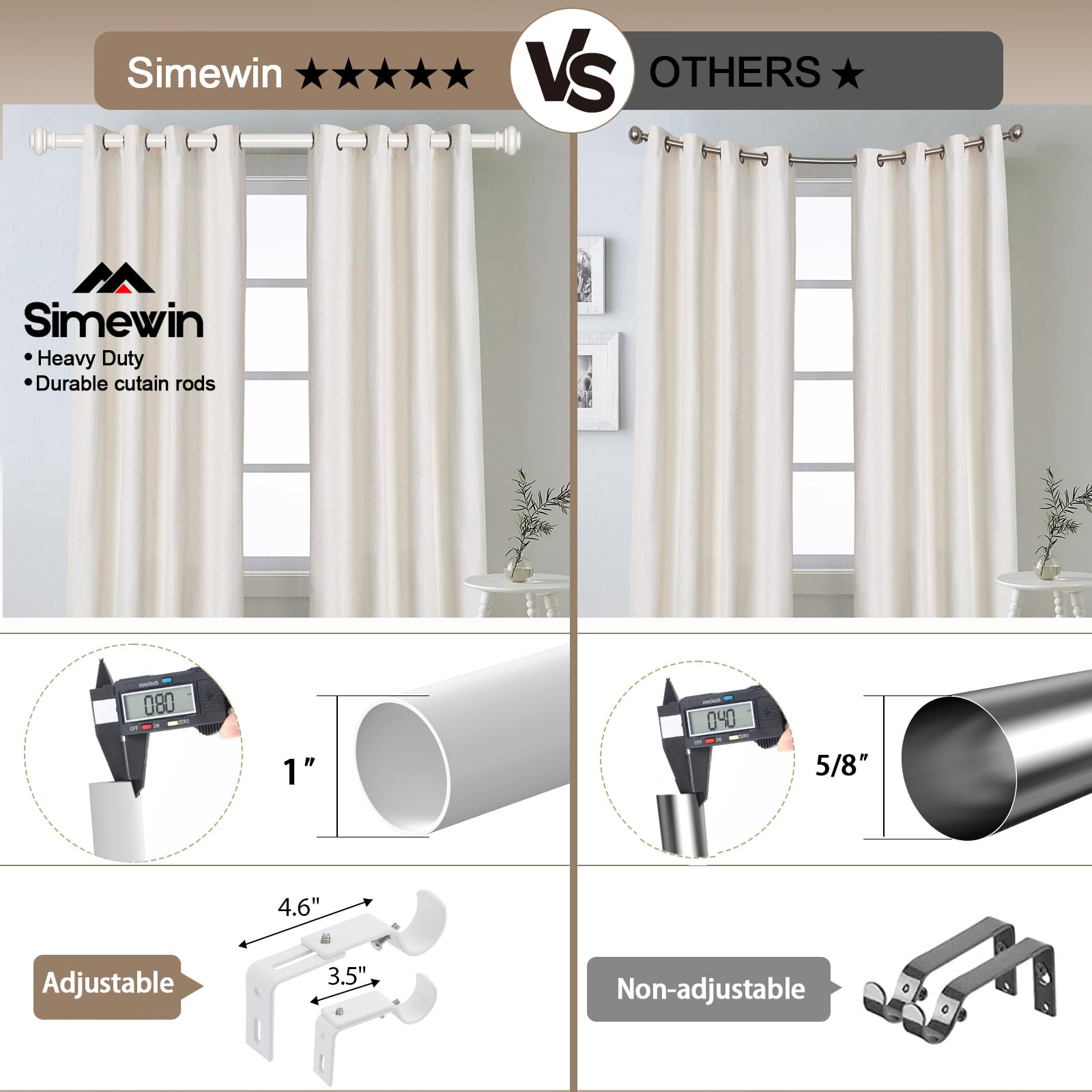 SIMEWIN fixed 16 inch rod segment provides stable drapery support