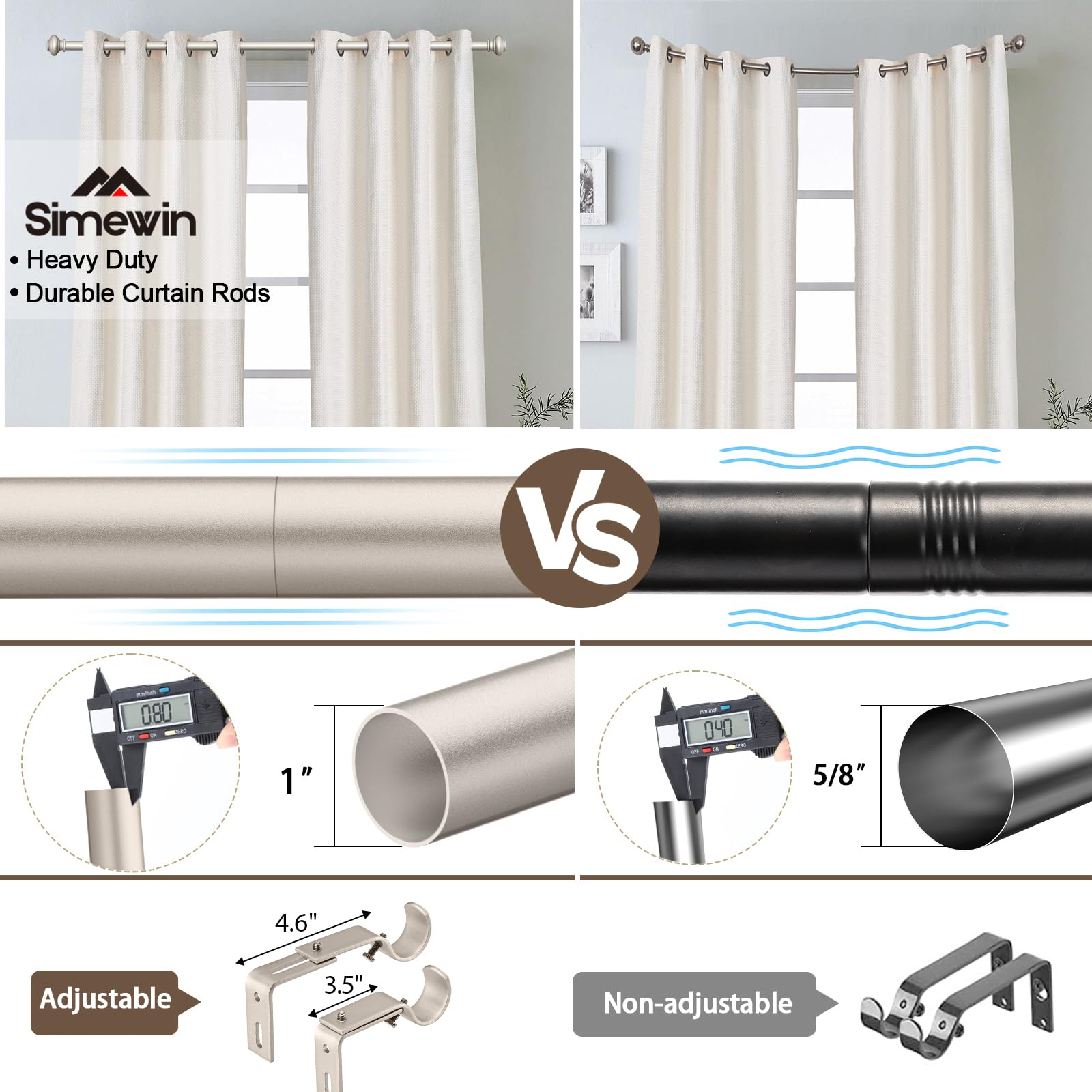 SIMEWIN silver curtain rod with classic finials adds timeless style.