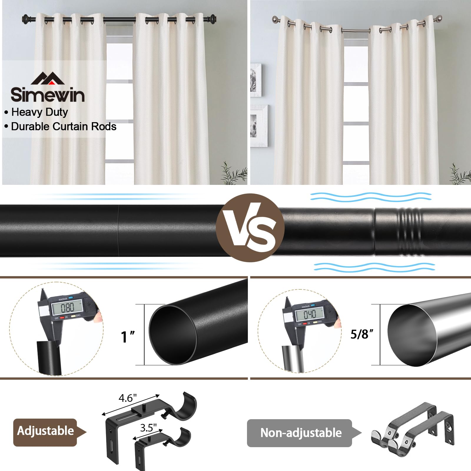 SIMEWIN telescoping curtain rod adjustable section enables precise length customization.