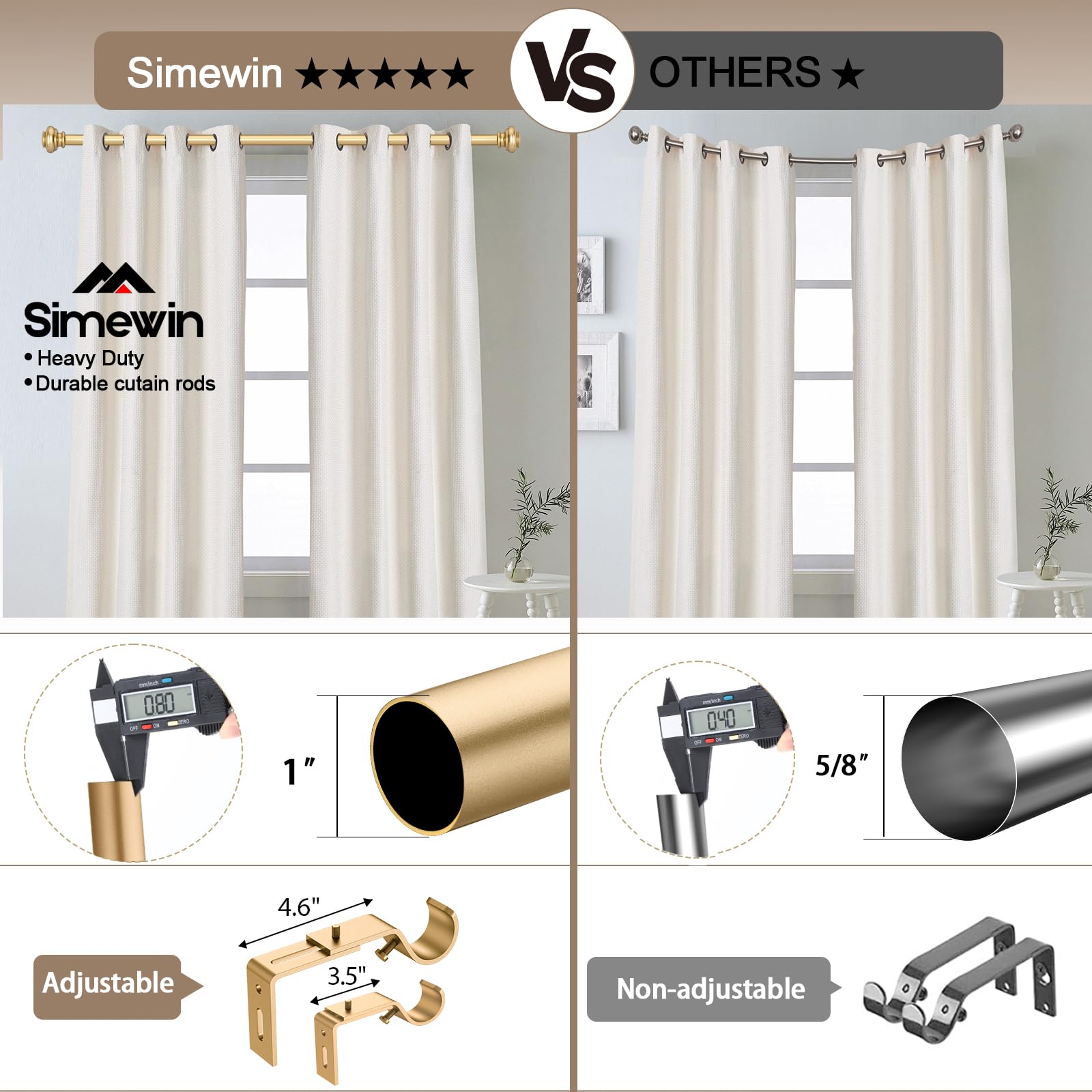 SIMEWIN gold wall brackets secure mounting of the curtain rod.