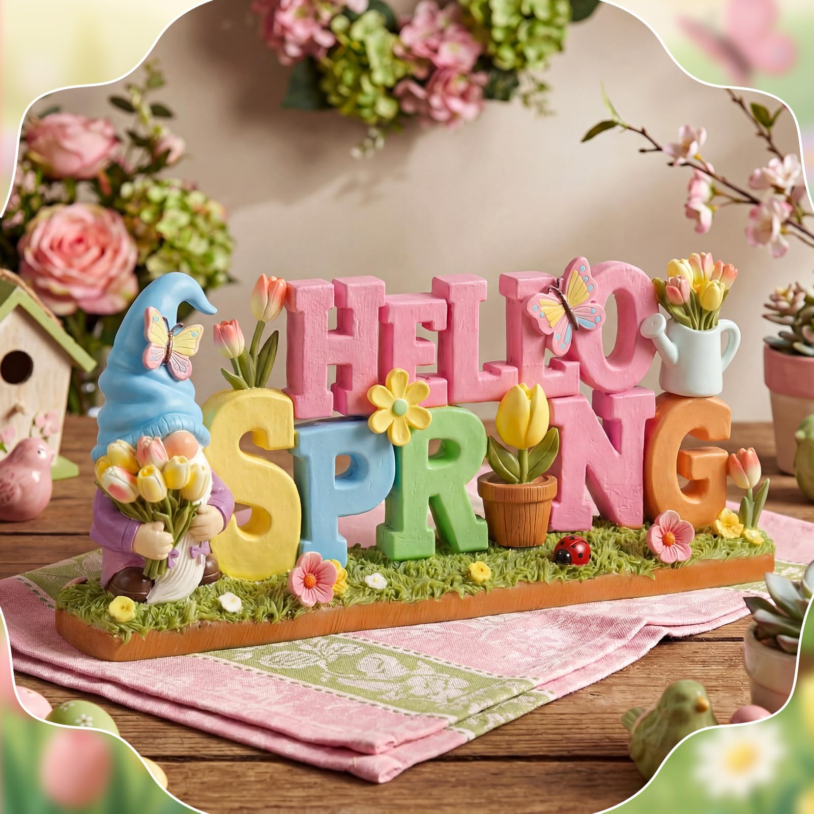 Simgoing Hello Spring gnome holding blooms enhances spring display on a tray