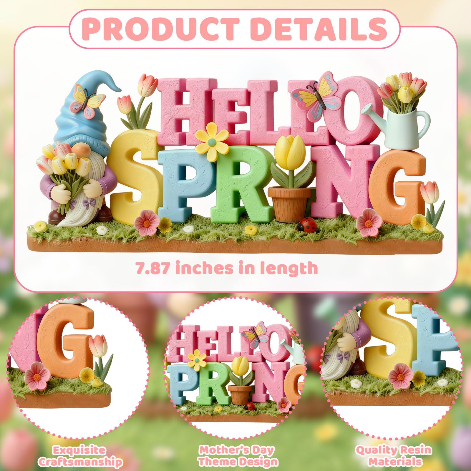 Simgoing Hello Spring gnome with floral details brightens any shelf