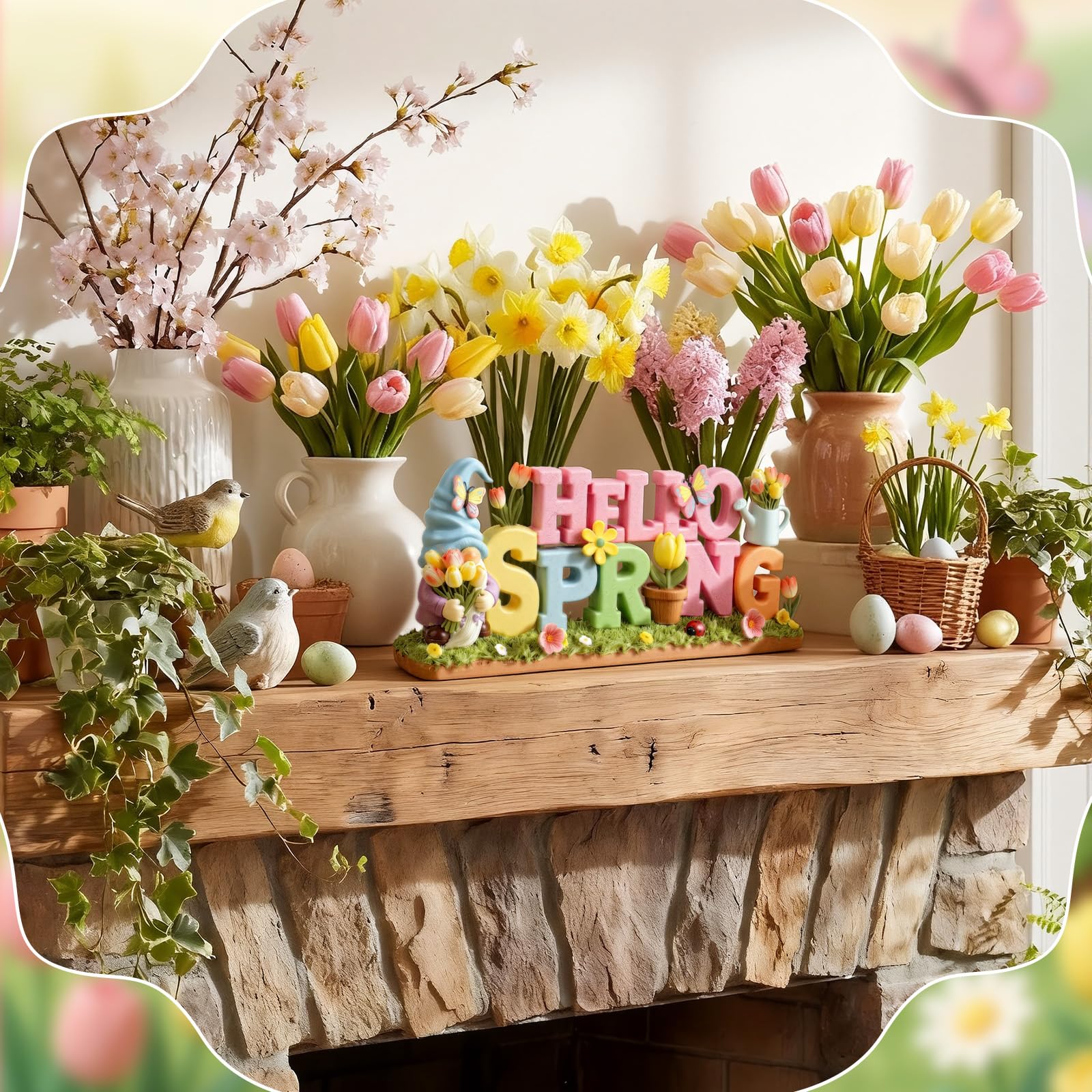 Simgoing Hello Spring gnome with tulips and butterflies adds whimsy