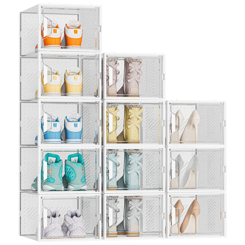 SIMPDIY 12-pack clear shoe organizer shows stackable storage for tidy closets.