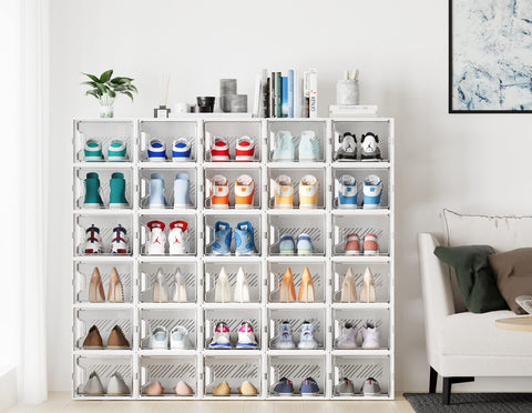SIMPDIY stackable boxes in a closet demonstrate easy visibility of shoes.