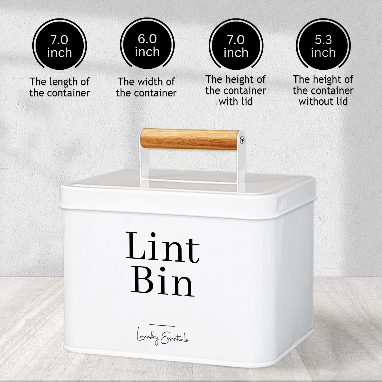Simplation lint bin in laundry room decor setting adds metal and wood charm.