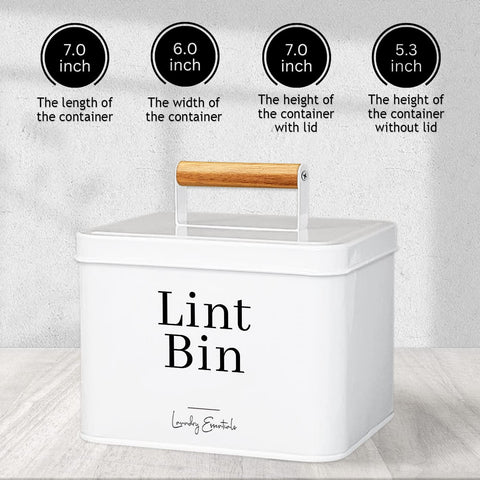 Simplation lint bin in laundry room decor setting adds metal and wood charm.