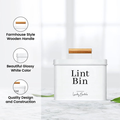 Simplation lint bin metal body with wooden handle in side view.