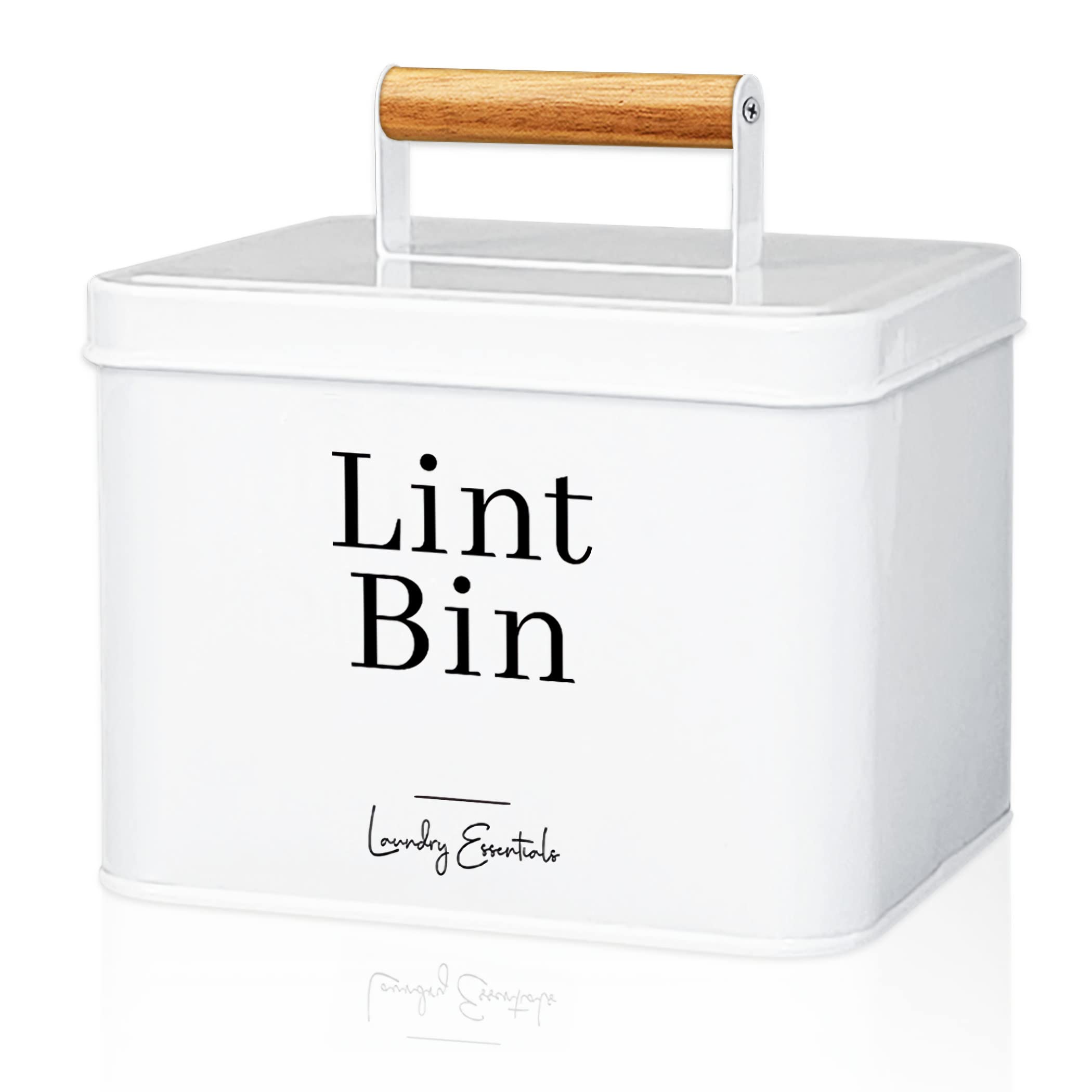 Simplation modern farmhouse lint bin with white lid closeup showcasing durable design.