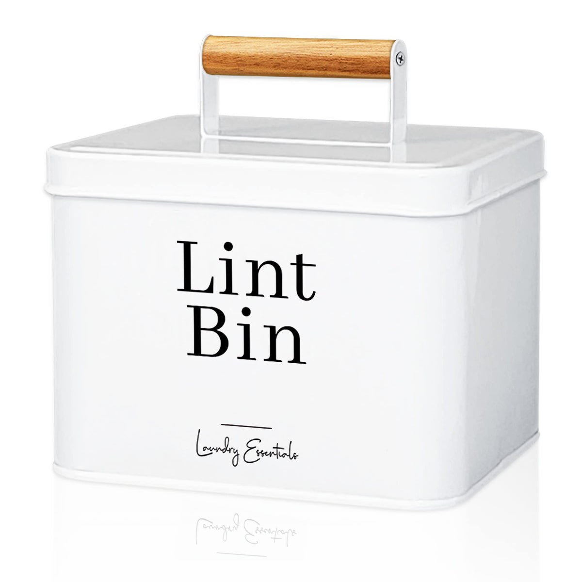 Simplation modern farmhouse lint bin with white lid closeup showcasing durable design.