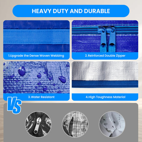 Simple Deluxe blue moving bags with reinforced handles to support heavier loads.