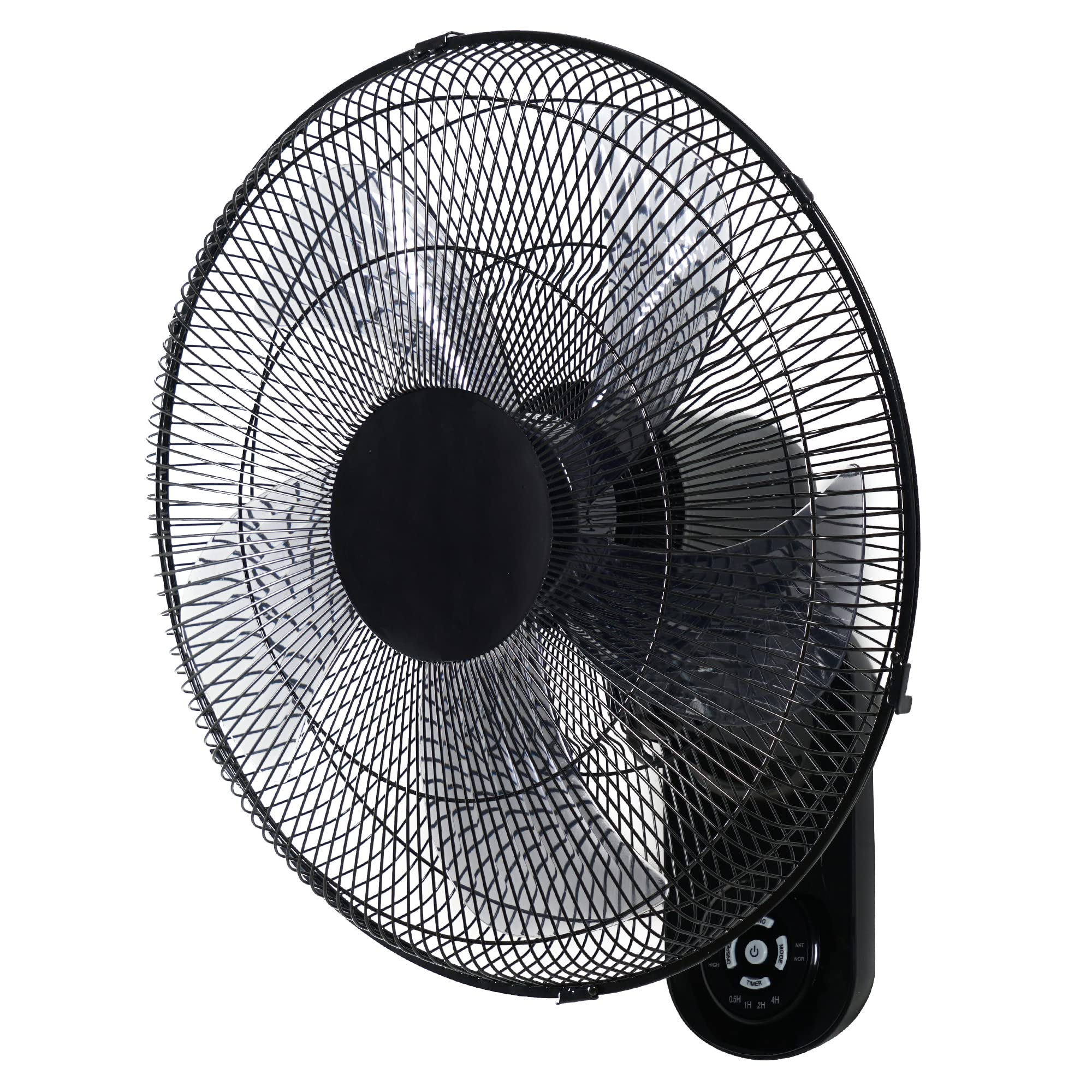 Simple Deluxe 18-inch wall mount fan front view with remote for easy cooling.