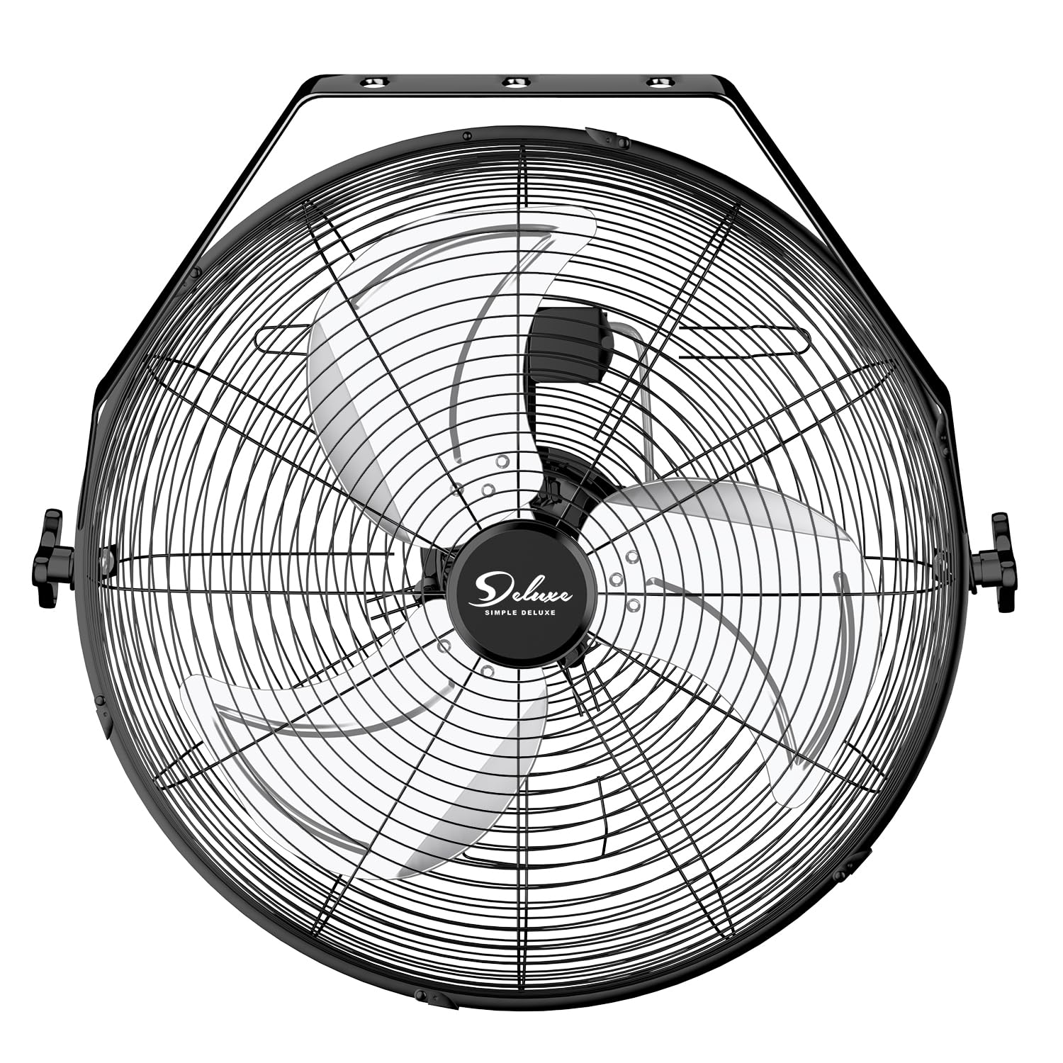 Simple Deluxe 20in wall-mount fan tilting for precise airflow in workshops.