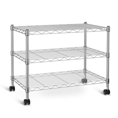 Simple Deluxe heavy-duty chrome shelving under desk setup, maximizing under-table storage with sturdy 250 lb per shelf.