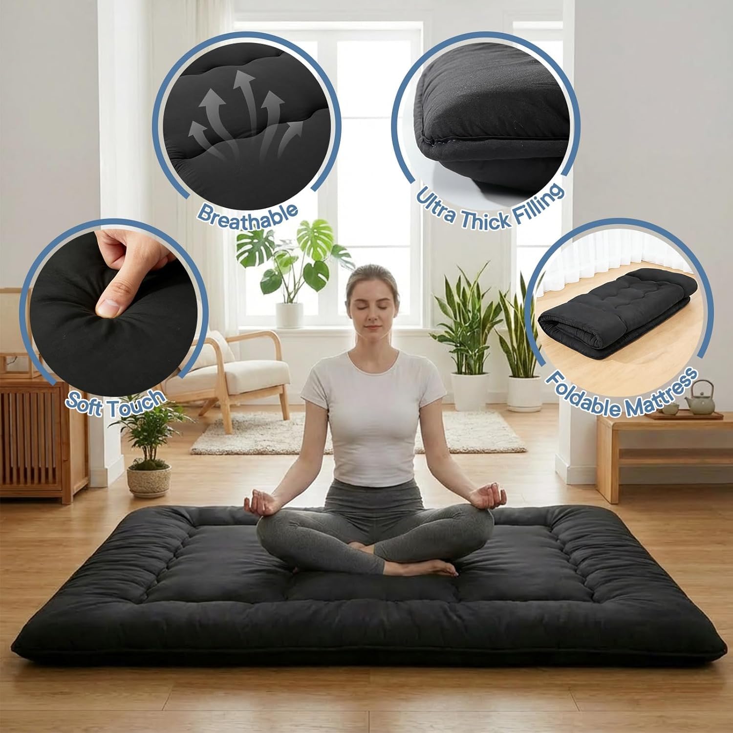 Simple Deluxe portable floor bed shown in a living room for guests.