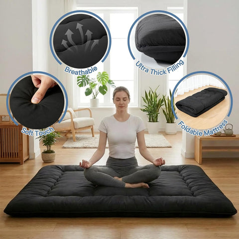 Simple Deluxe portable floor bed shown in a living room for guests.