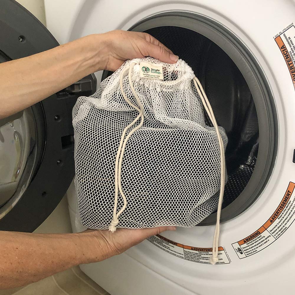 Simple Ecology laundry bag showing double drawstring design for secure use in machine