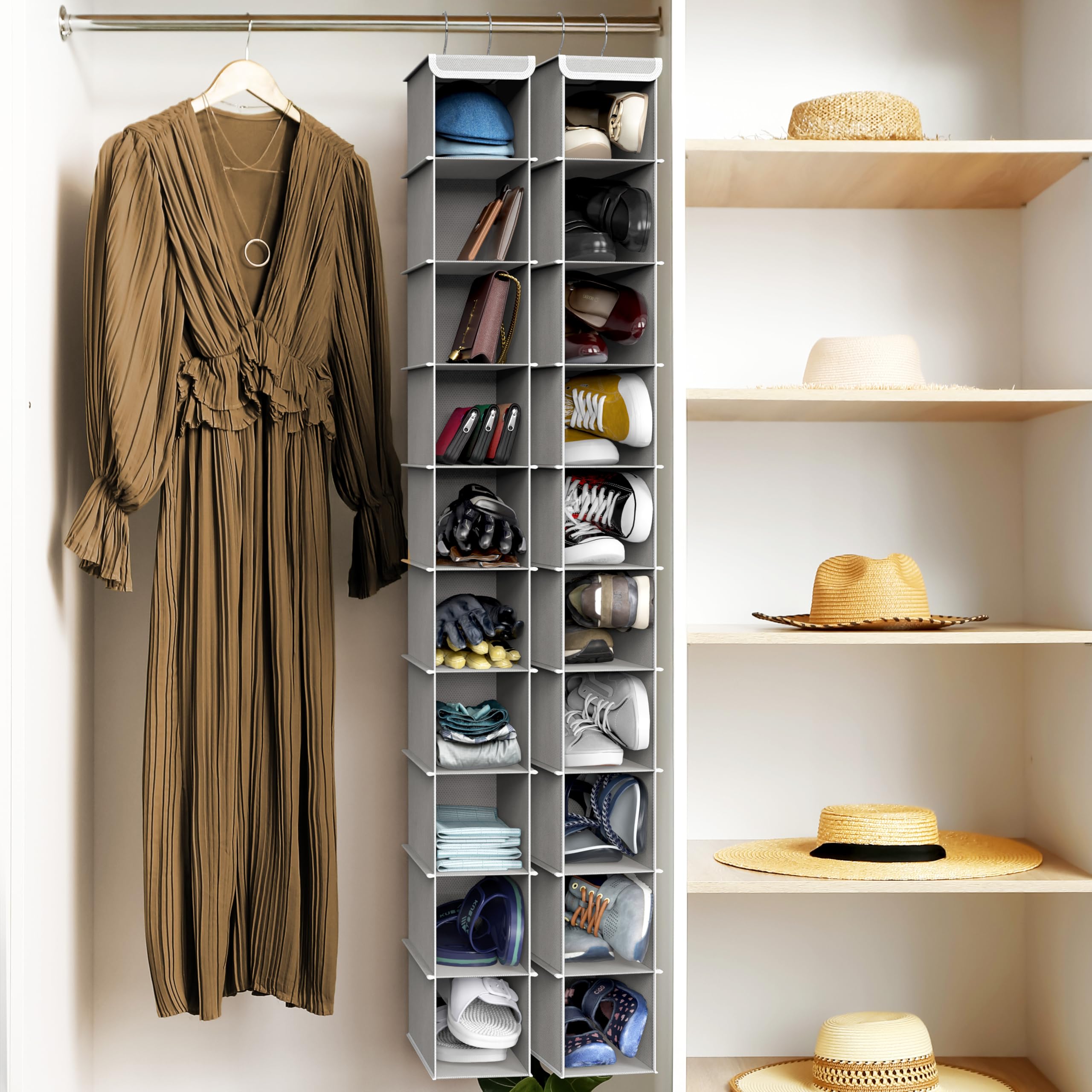 Simple Houseware gray organizer measures 12" D by 5" W by 53" H for slim closets.
