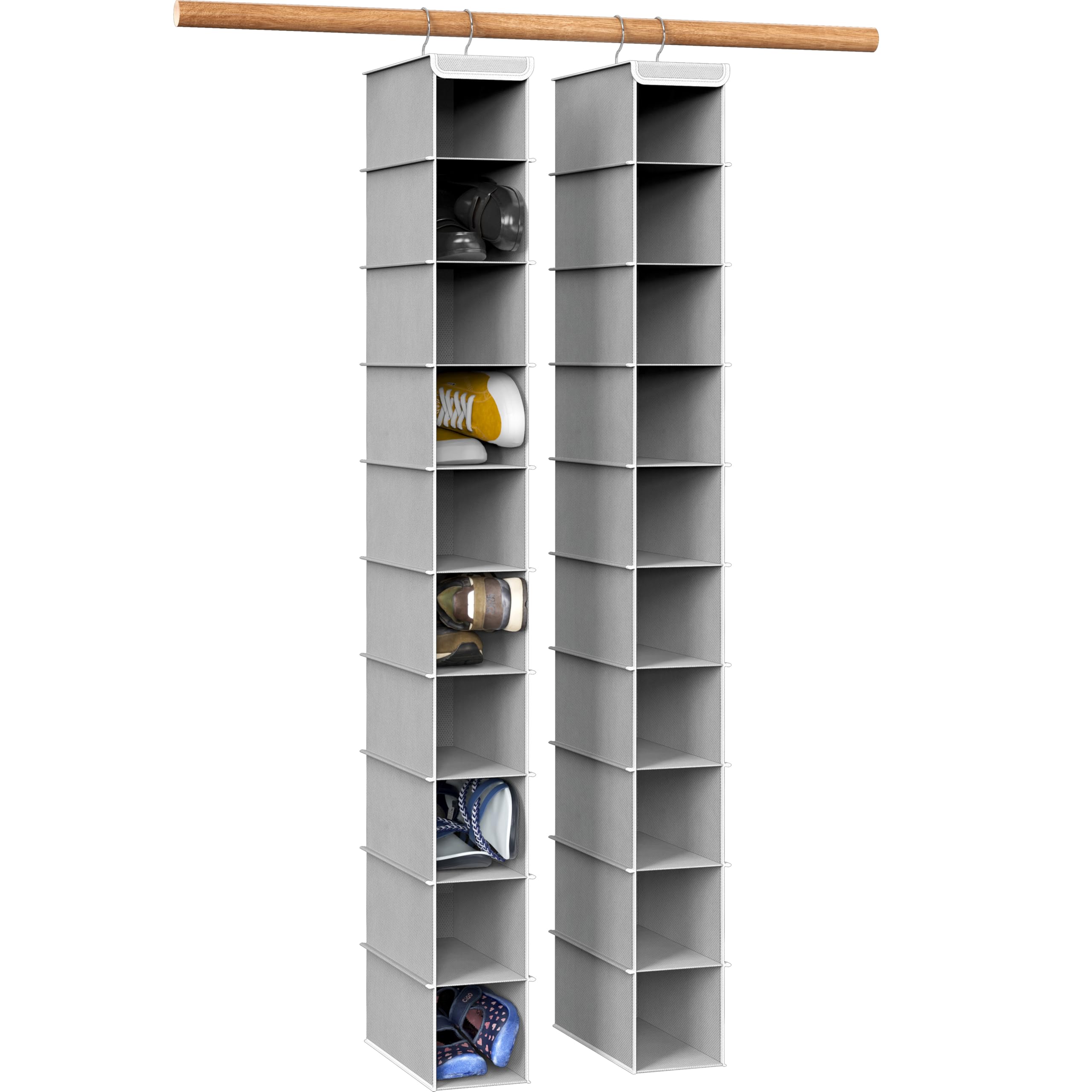 Simple Houseware 10-shelf hanging organizer in gray holds shoes neatly for compact closets.
