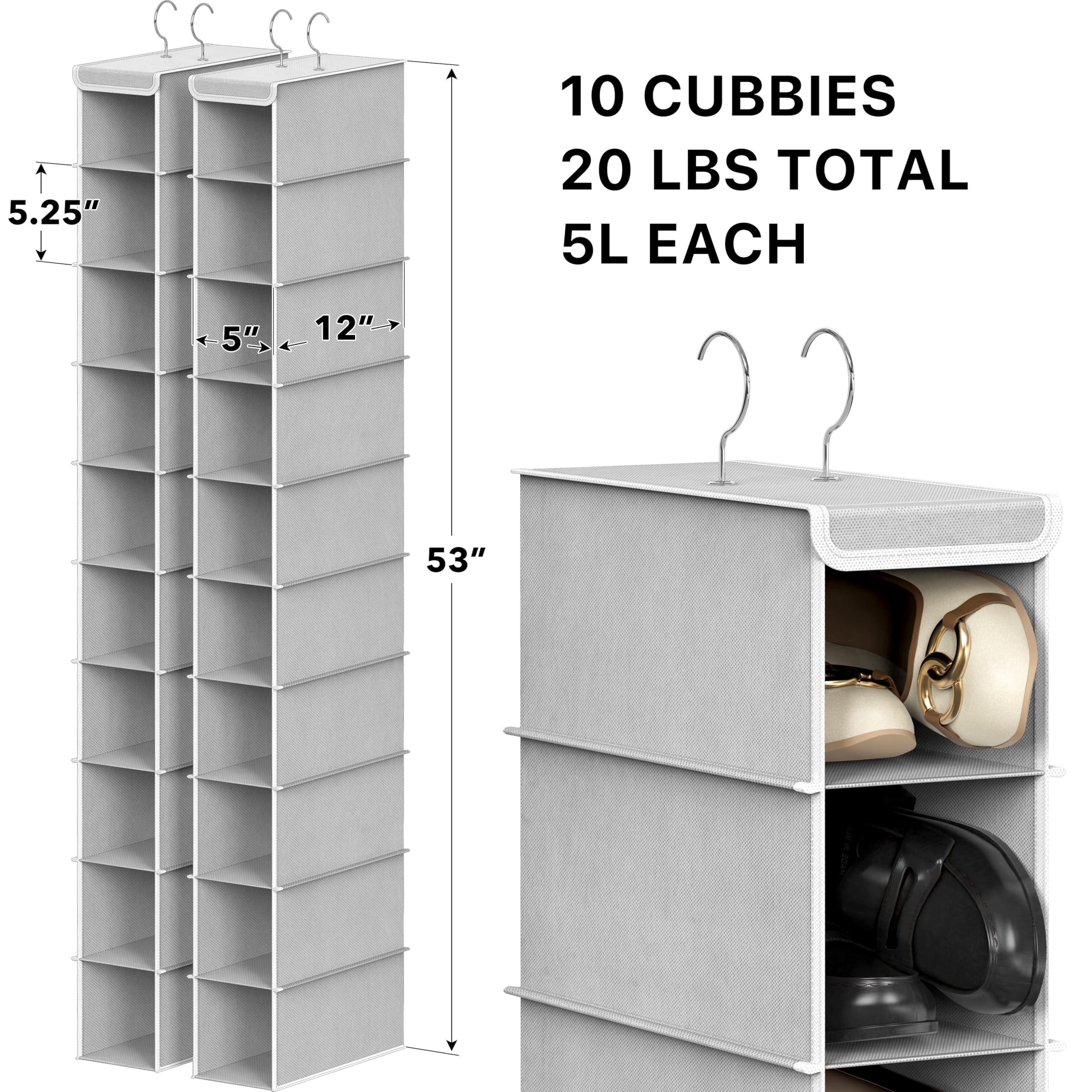 Simple Houseware gray hanging organizer demonstrates vertical storage for wardrobe efficiency.