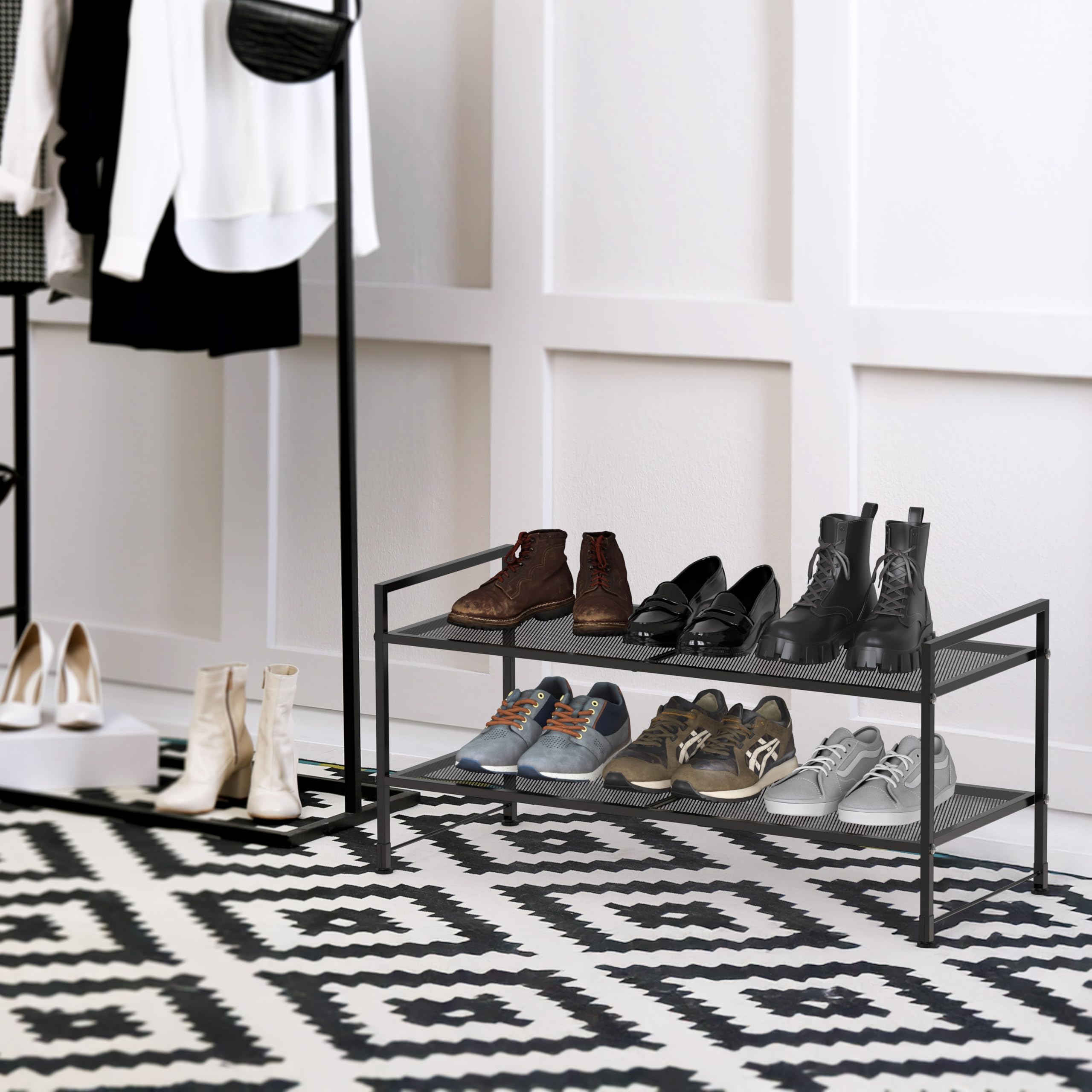 Simple Houseware 2-tier mesh shoe rack side view highlights sturdy metal construction.