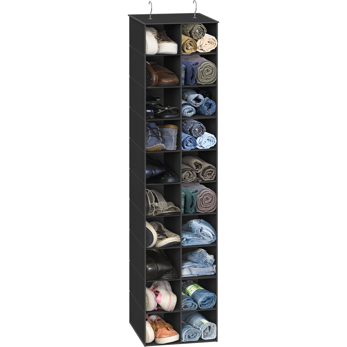 Simple Houseware 20-section hanging shoe organizer in closet shows compact shoe storage