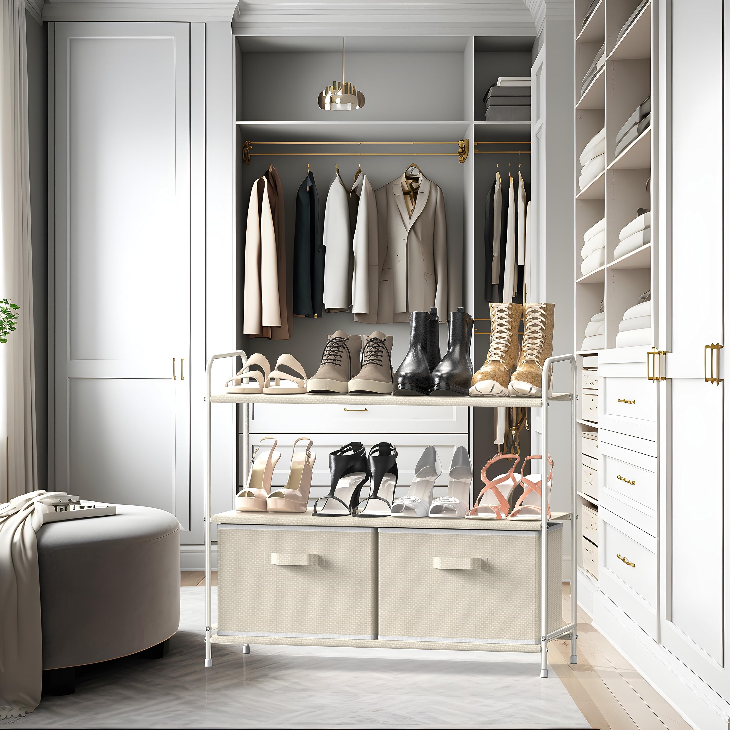 Simple Houseware closet organizer offers two drawers for toys and clothes separation.