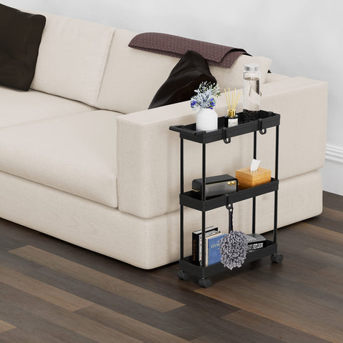 Simple Houseware 3-Tier Slim Storage Cart top shelf organized with towels and items