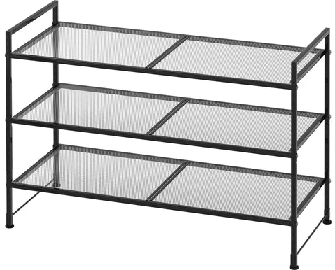 Simple Houseware 3-Tier Stackable Mesh Shoe Rack in black stores up to nine pairs.