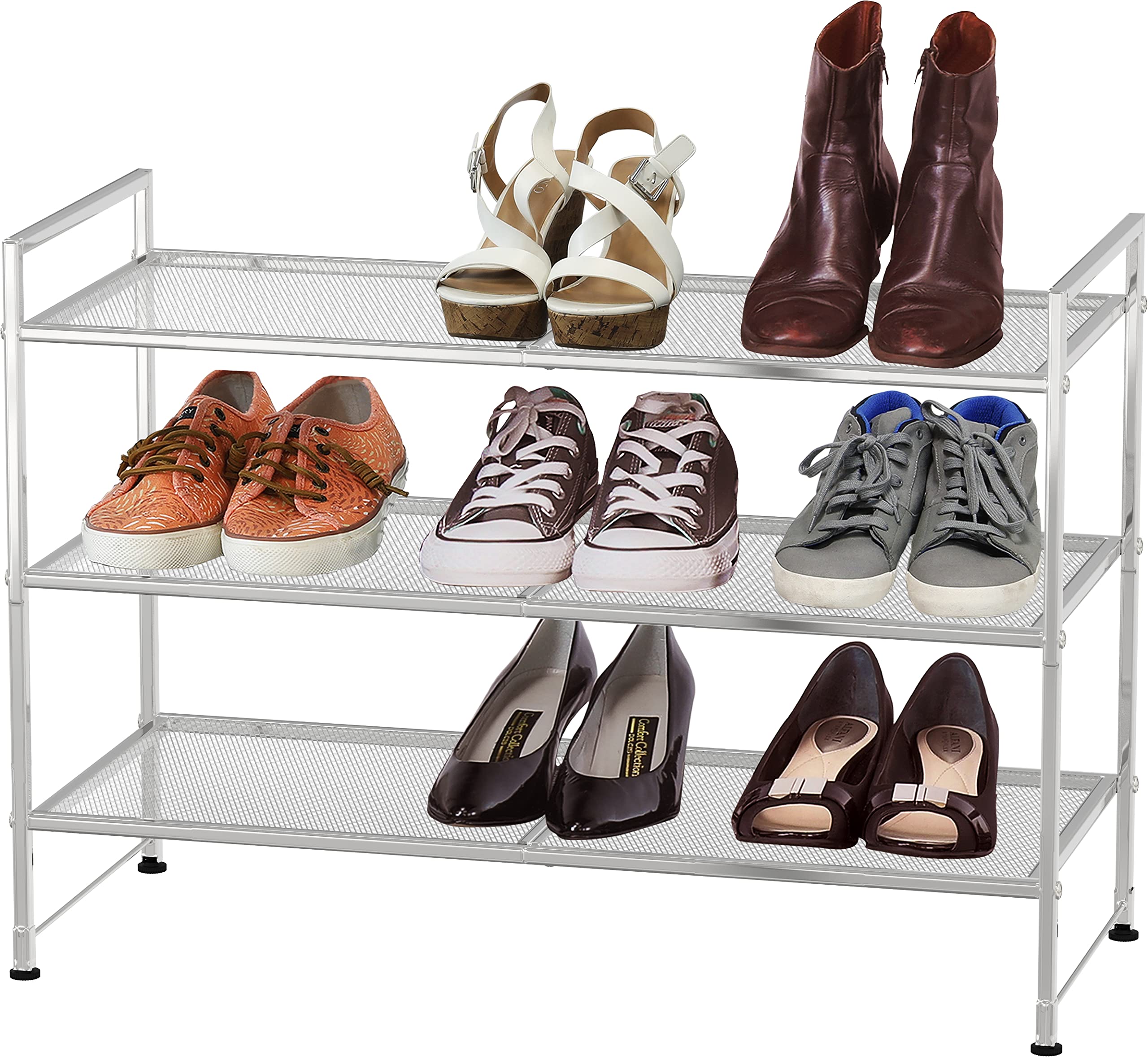 Simple Houseware 3-Tier Mesh Shoe Rack in silver front view, space-saving design