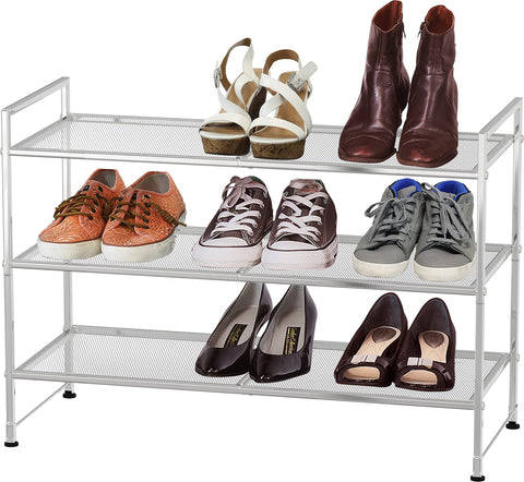 Simple Houseware 3-Tier Mesh Shoe Rack in silver front view, space-saving design
