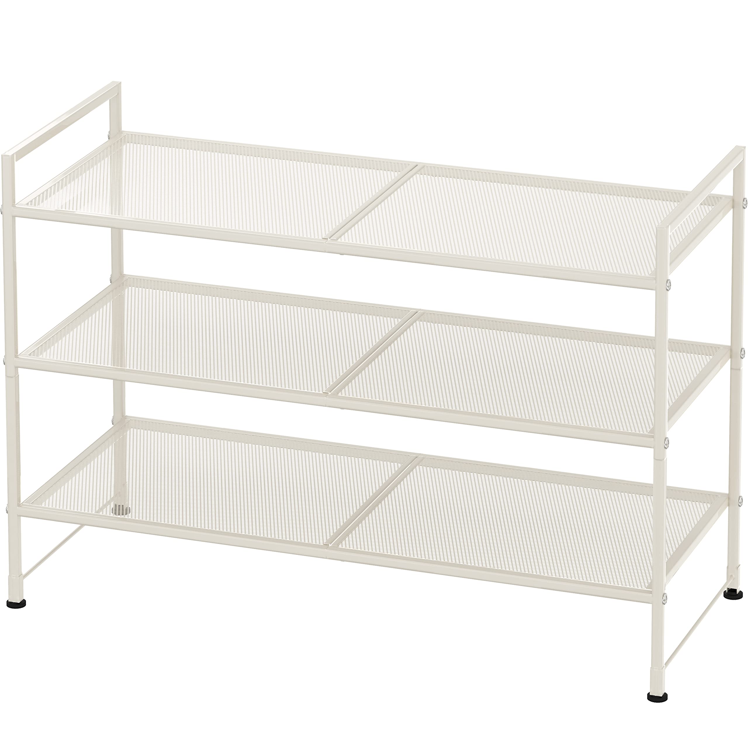 Simple Houseware 3-Tier Stackable Mesh Shoe Rack in white keeps entryways tidy and shoes organized.