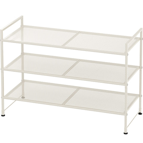 Simple Houseware 3-Tier Stackable Mesh Shoe Rack in white keeps entryways tidy and shoes organized.