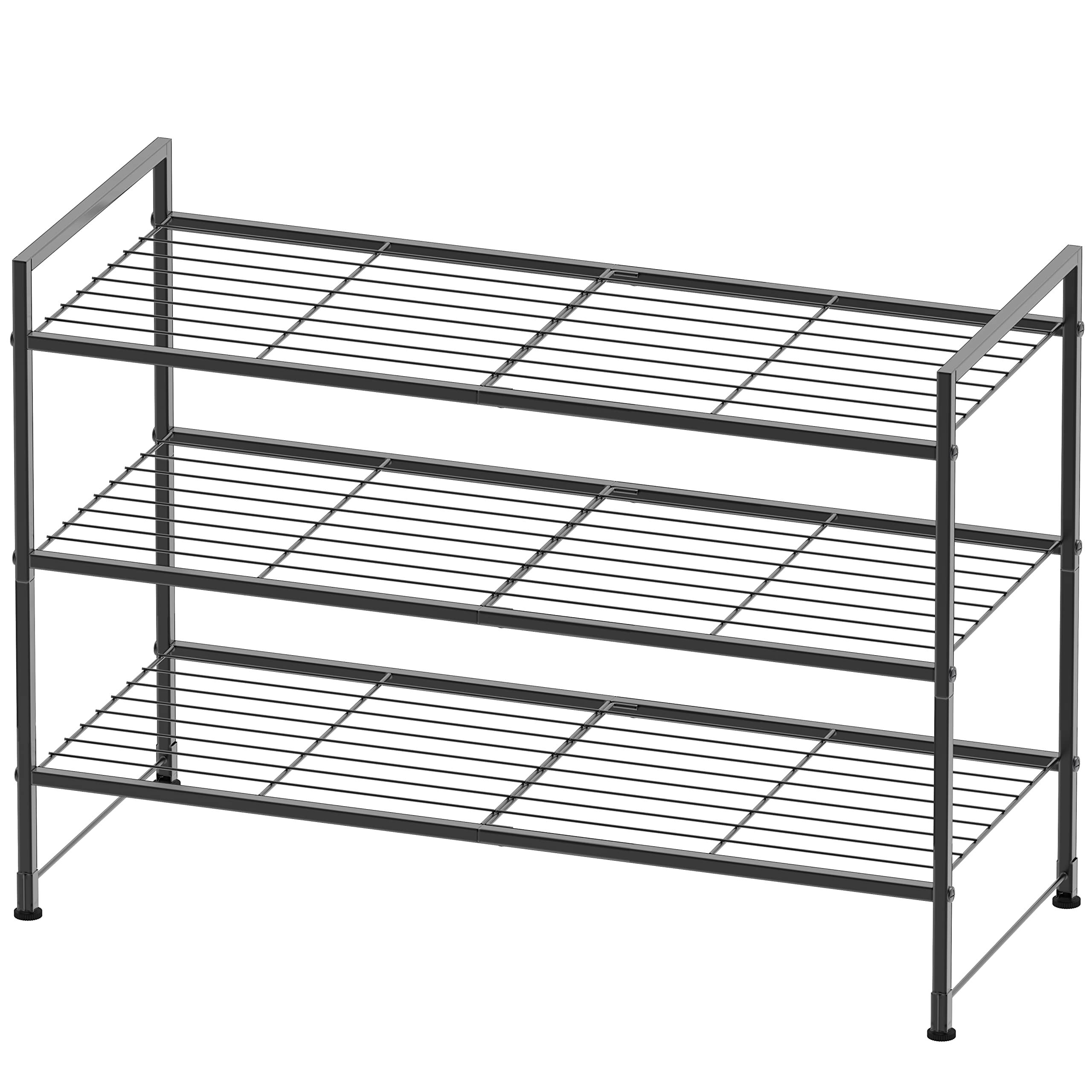 Simple Houseware 3-Tier Stackable Shoes Rack front view in black demonstrates tidy entryway storage.