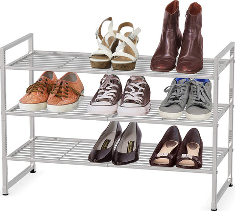 Simple Houseware 3-tier stackable shoes rack in silver, ideal for saving closet space.
