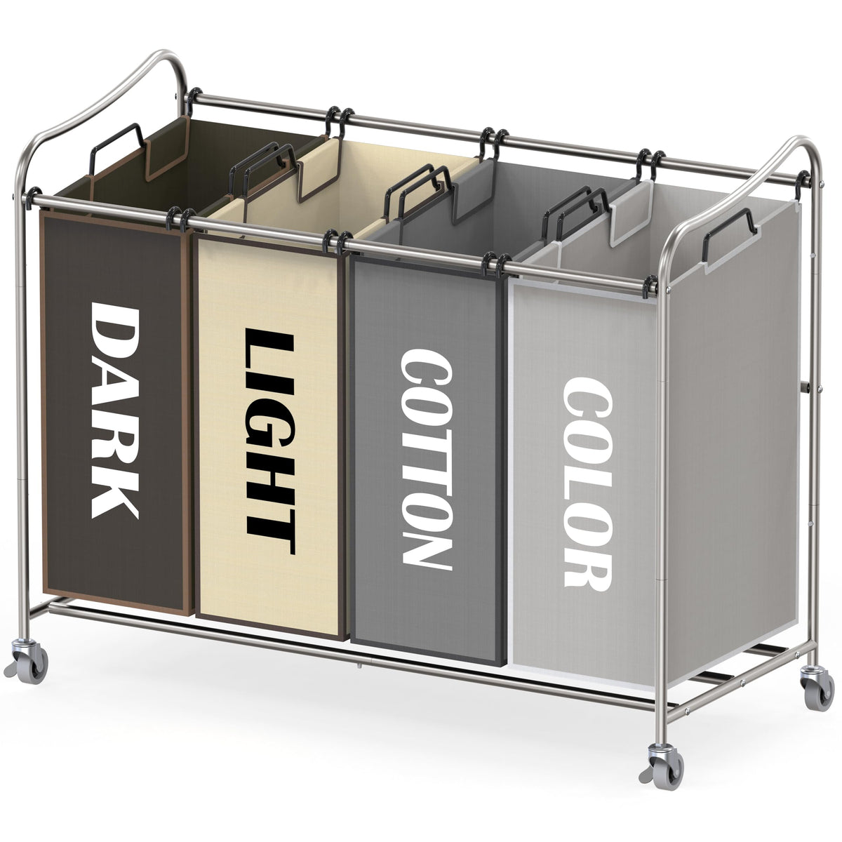 Simple Houseware 4-Bag Sorter frame on wheels enables easy laundry organization.