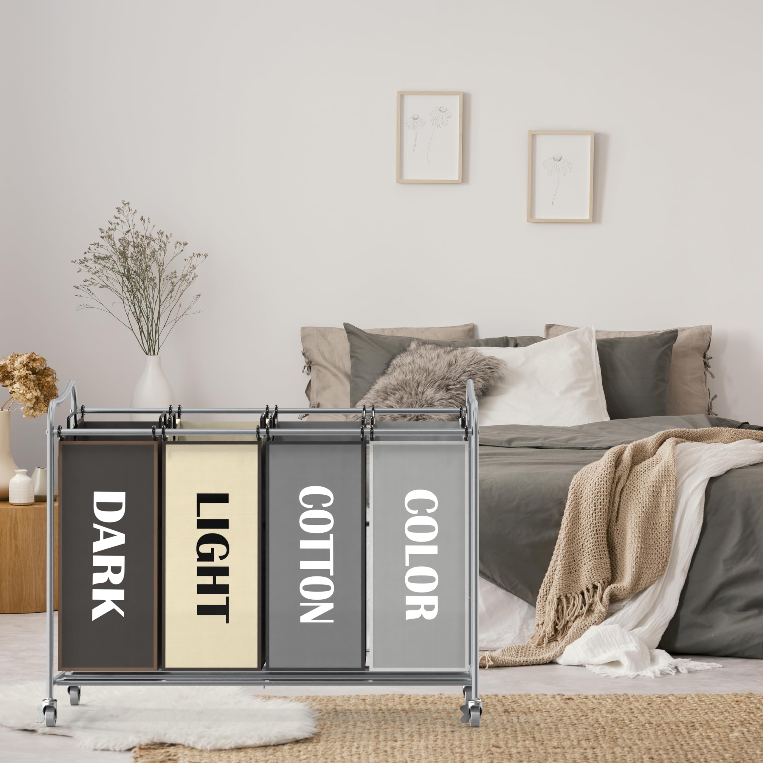 Simple Houseware 4-Bag Sorter grey bags filled with clothes for efficient sorting.