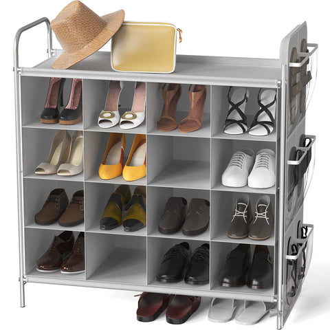 Simple Houseware 4-Tier 16-Cube Shoe Cubby in gray keeps shoes organized.