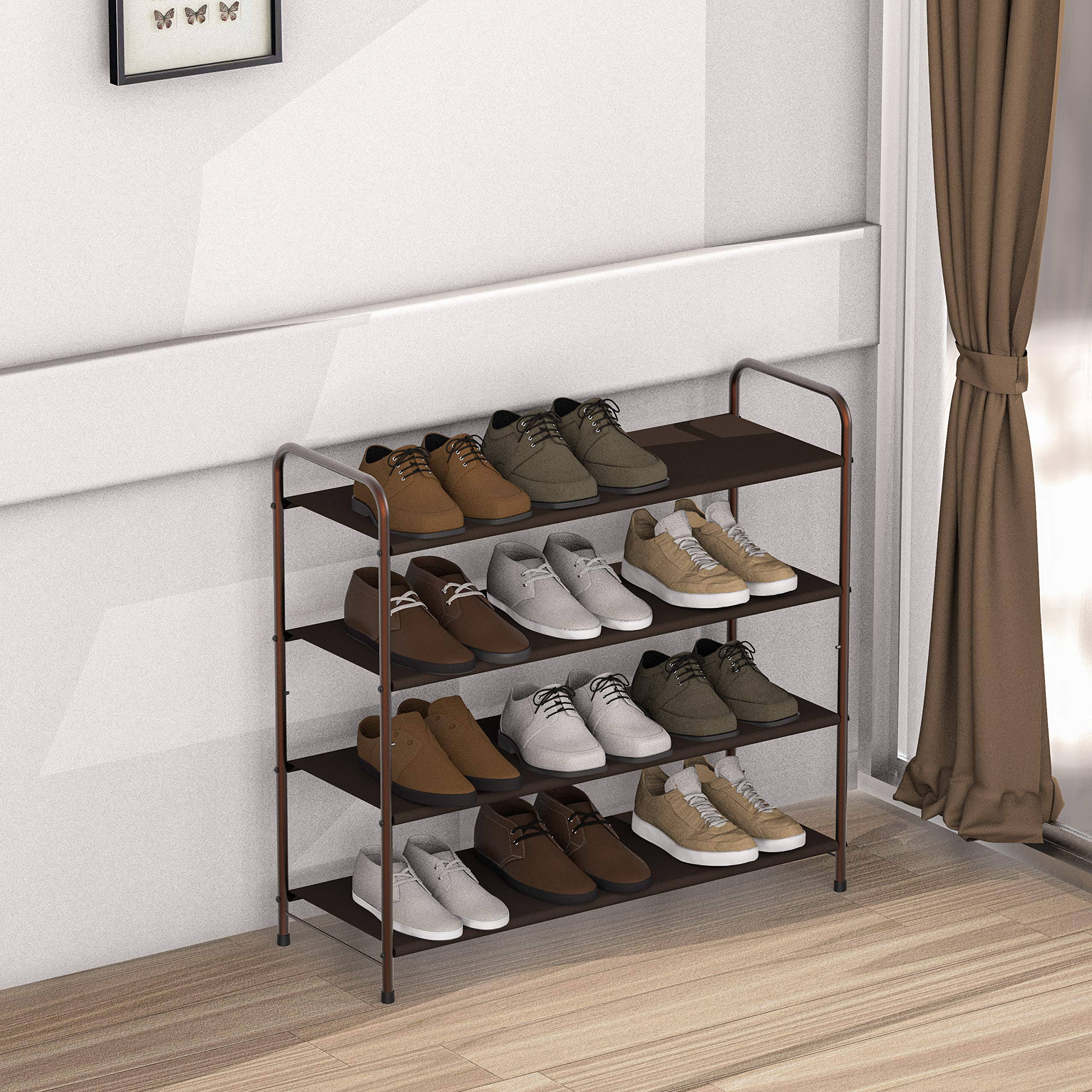 Simple Houseware bronze shoe rack on floor showing bottom storage for slippers.