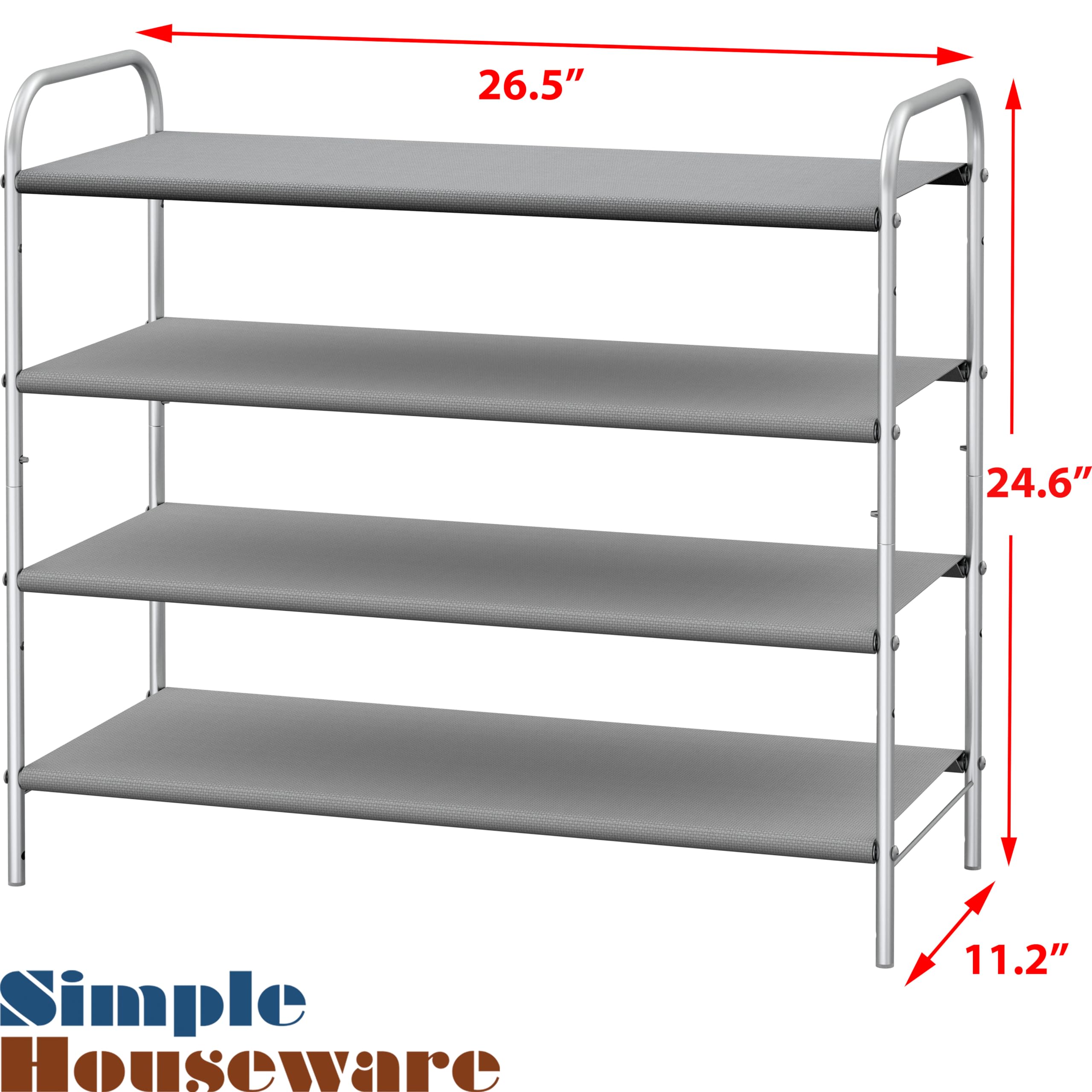 Simple Houseware 4-Tier Shoe Rack grey rugged metal frame supports heavy shoes.