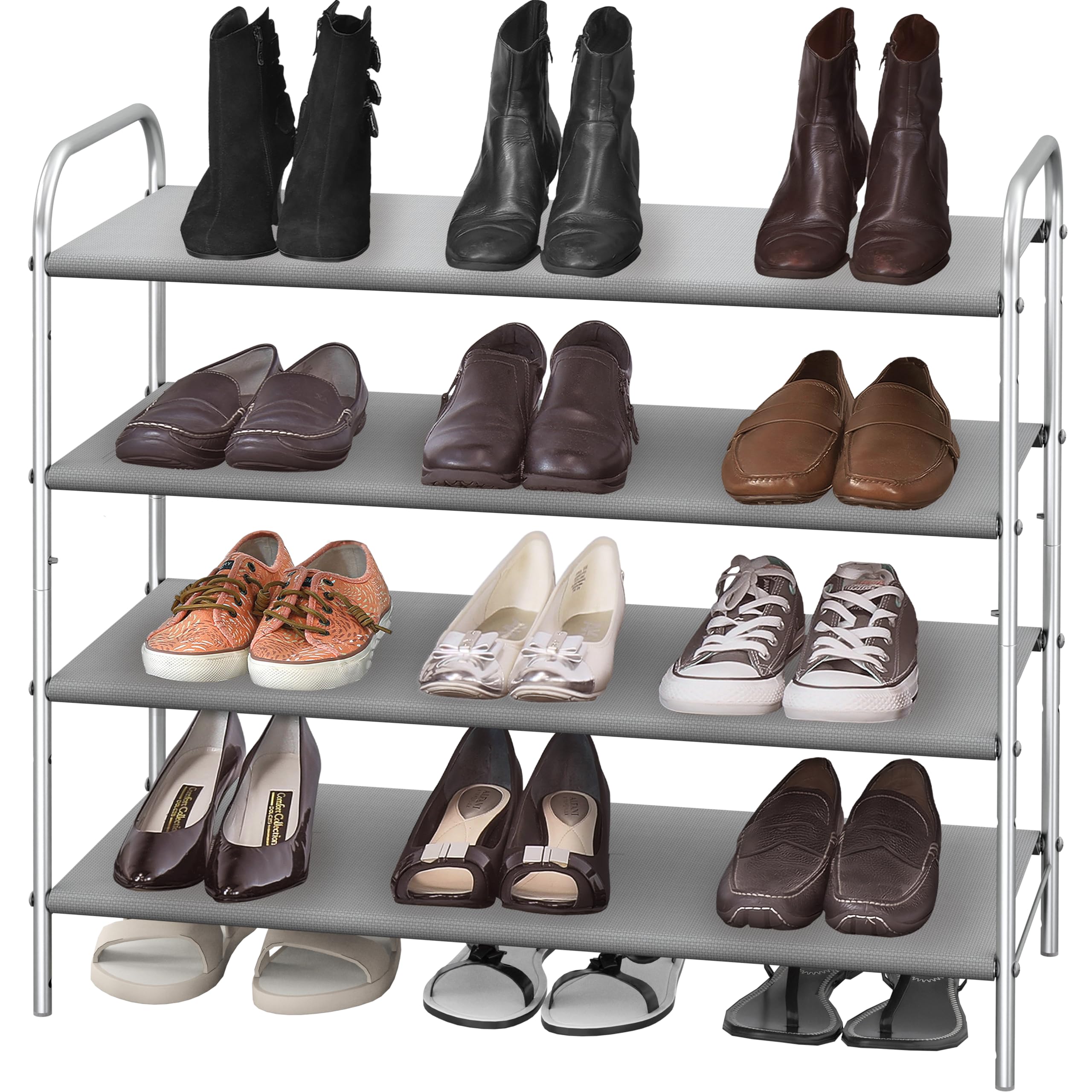 Simple Houseware 4-Tier Shoe Rack grey side view demonstrates compact closet solution.