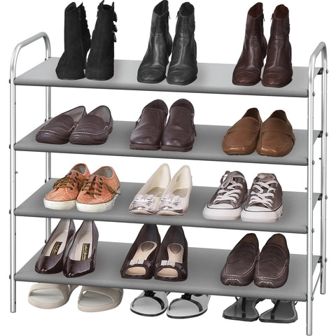 Simple Houseware 4-Tier Shoe Rack grey side view demonstrates compact closet solution.