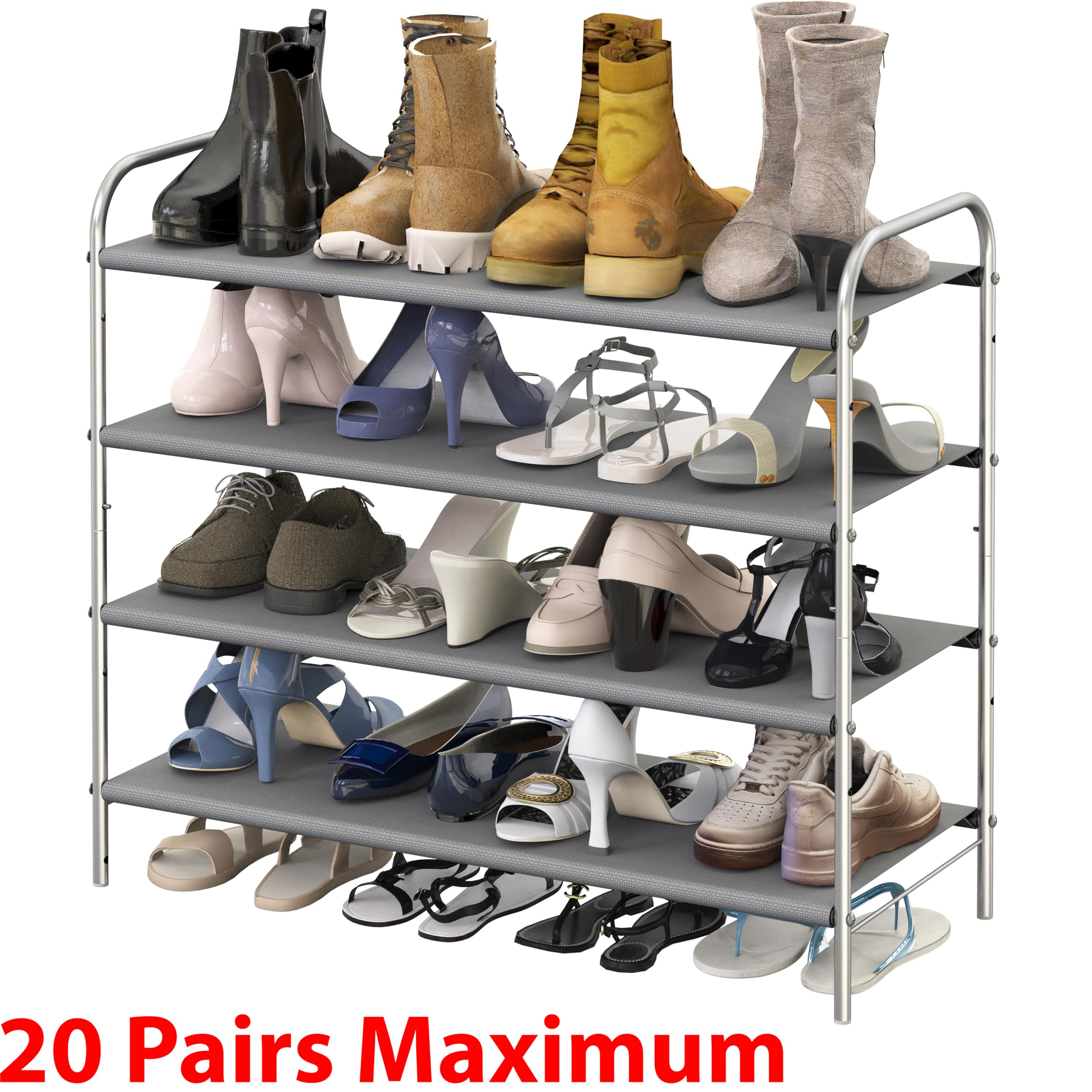 Simple Houseware 4-Tier Shoe Rack grey washable fabric keeps interiors clean.