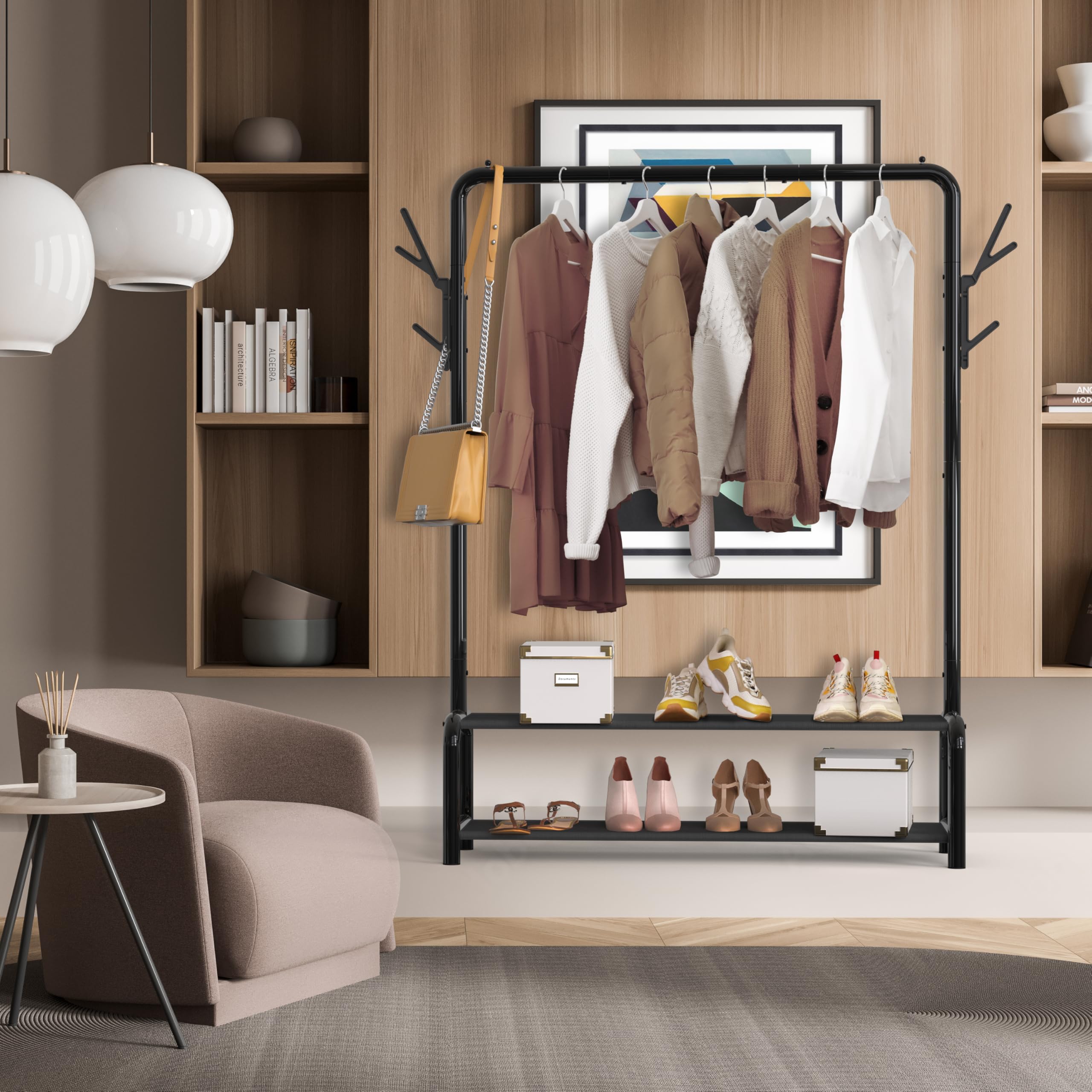 Simple Houseware 52-inch rack coat hooks neatly hold hats and bags.