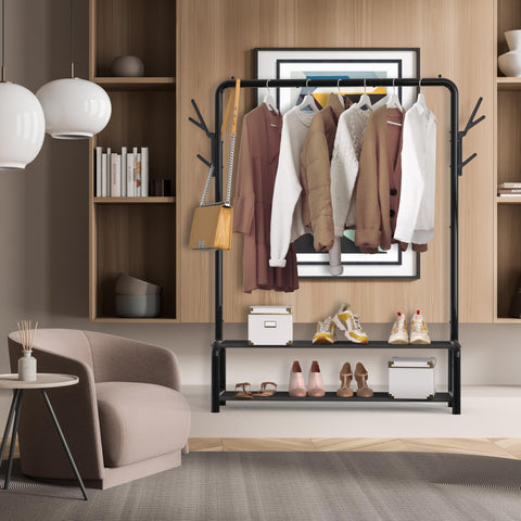 Simple Houseware 52-inch rack coat hooks neatly hold hats and bags.