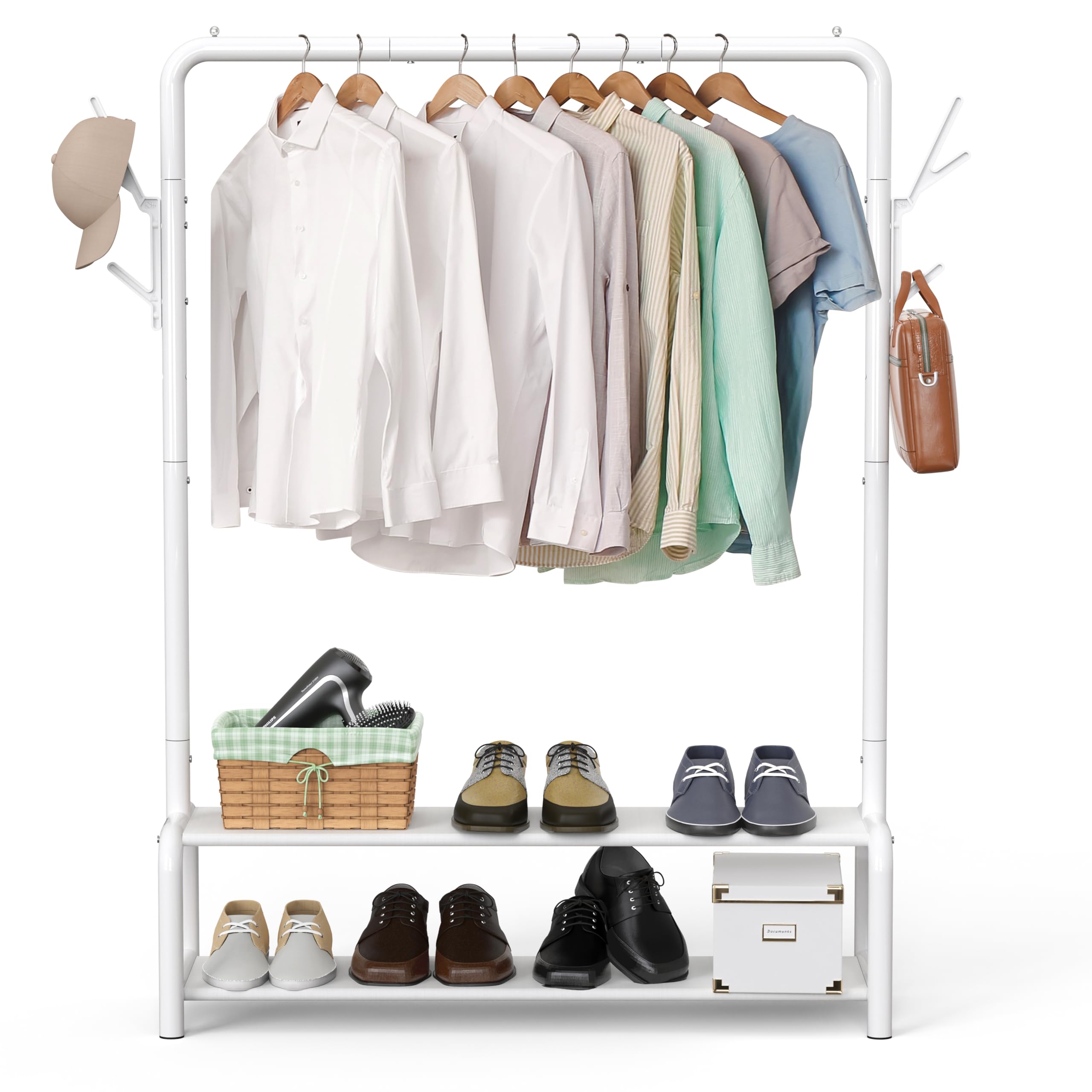 Simple Houseware 52in closet rack with shelves and coat hooks keeps wardrobe organized.